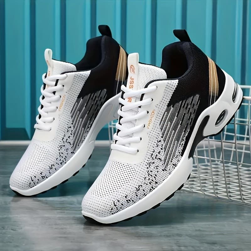Tênis de corrida de malha respirável masculino - tênis casuais leves, sola de borracha, Design de cadarço, padrões geomé