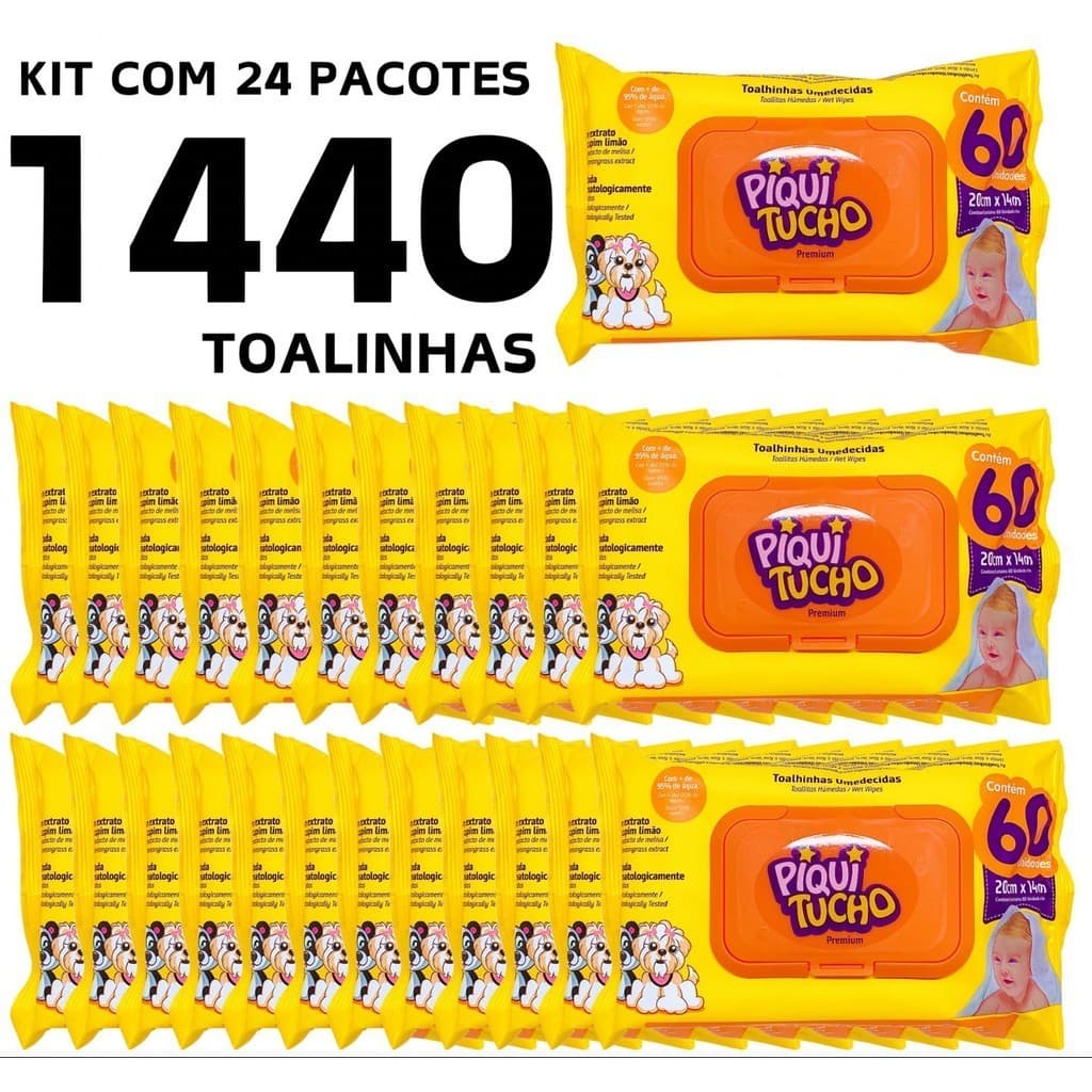 KIT COM 24 PACOTES DE LENÇO/TOALHAS UMEDECIDAS PARA BEBE PIQUITUCHO PREMIUM C/60 UNIDADES CADA