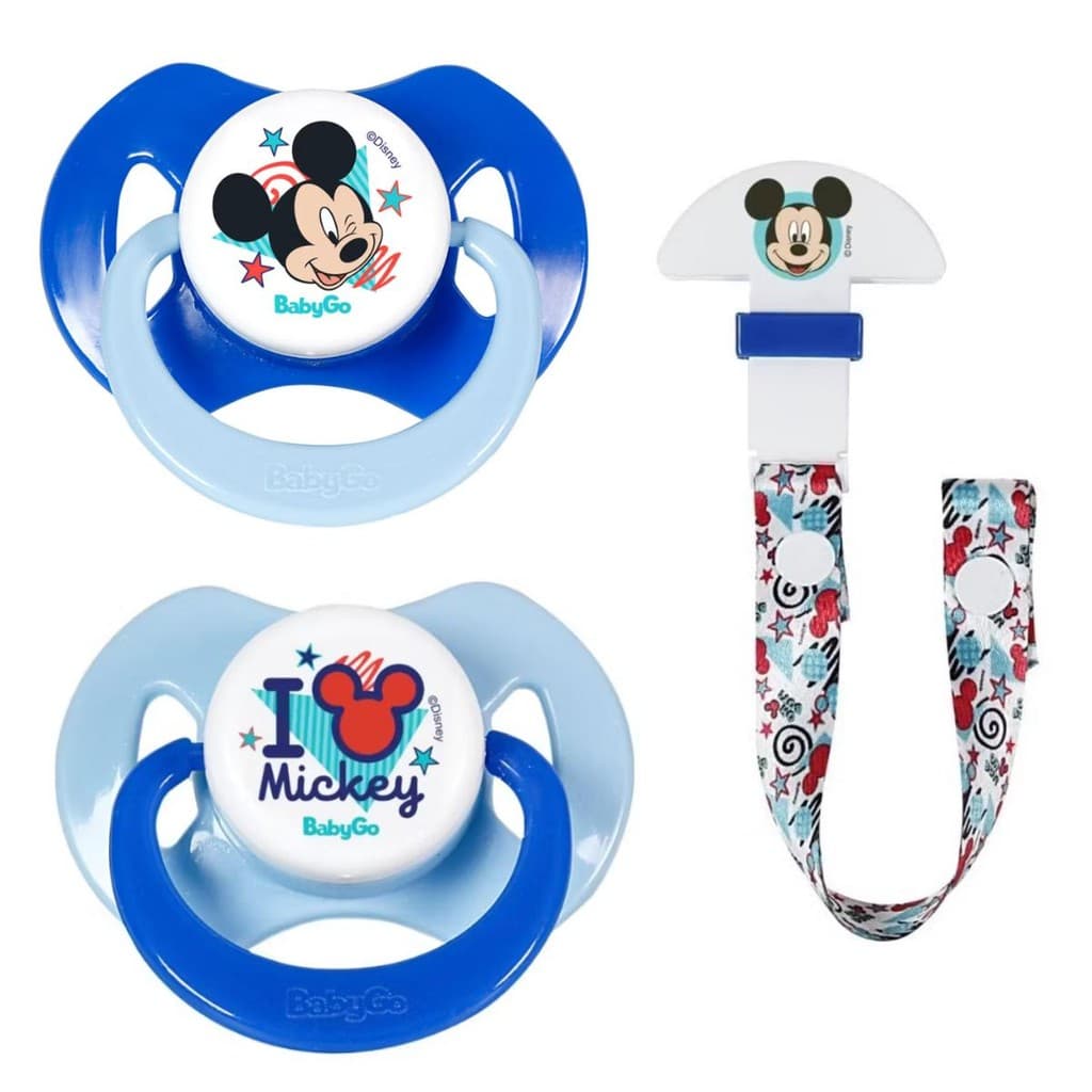 Kit de 2 Chupetas Ortodônticas Tam 1 c/ 1 Prendedor de Chupeta Mickey - Silicone - Pepeta - Bico