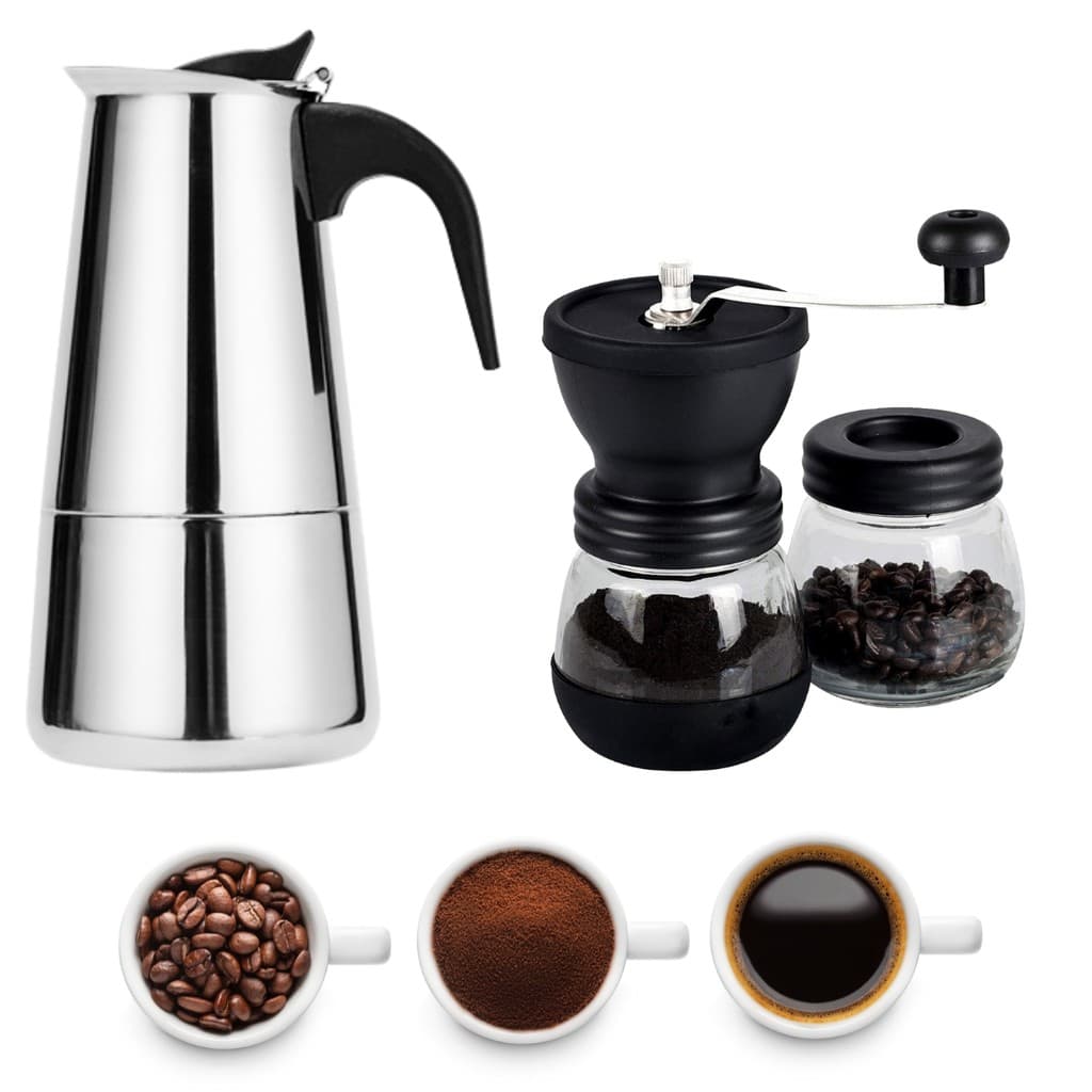 Kit Café Gourmet Cafeteira Italiana Inox 450ml Café Expresso e Moedor De Café Manual Cerâmica