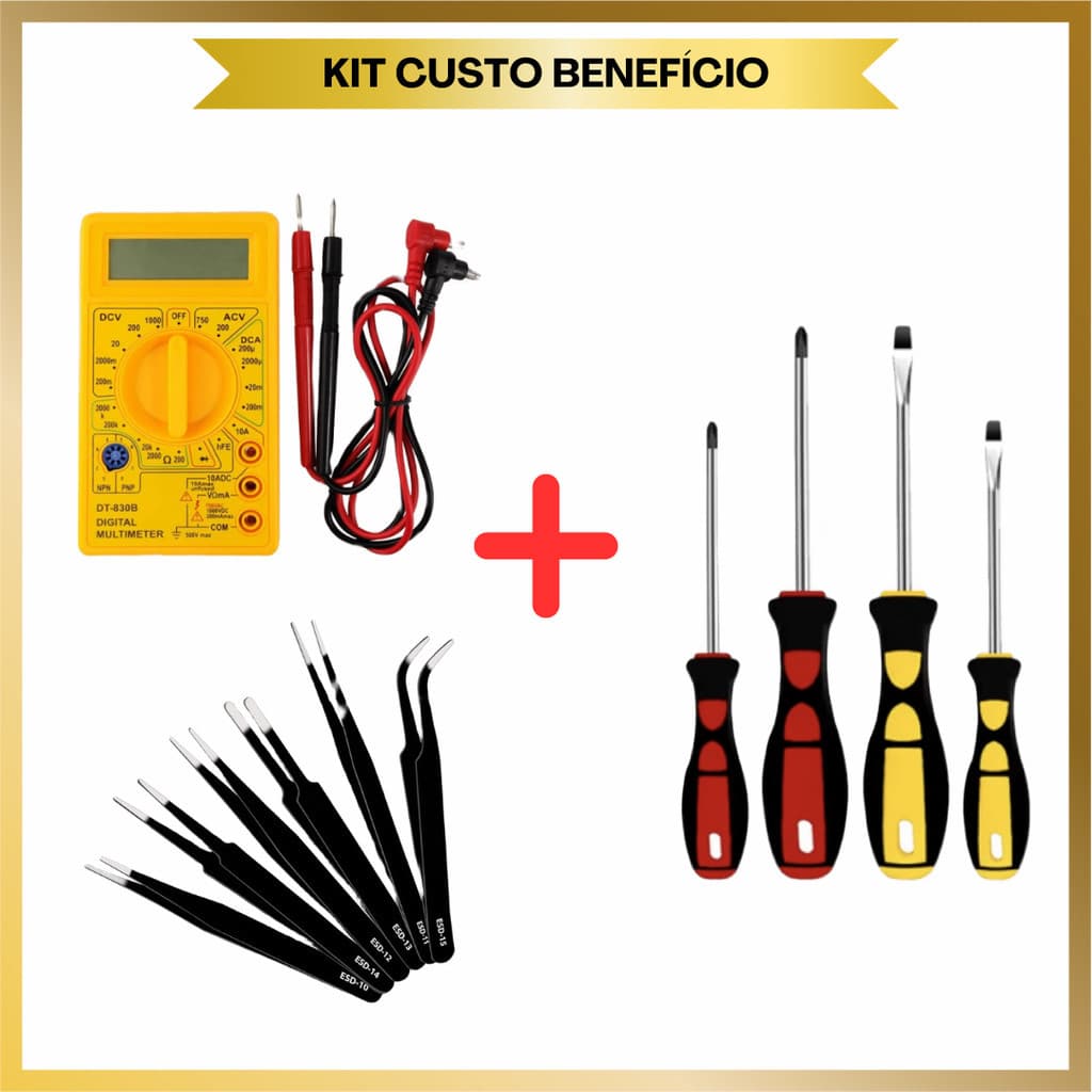 Kit de Ferramentas de Precisão Completo Pinças + Chaves de Fenda/Philips + Multímetro JOB