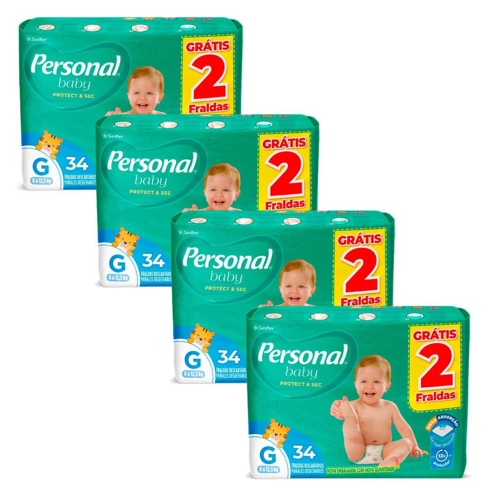 Kit 4 Fralda Personal Baby Protect & Sec Tamanho G Leve 34 Pague 32 Fraldas Descartáveis