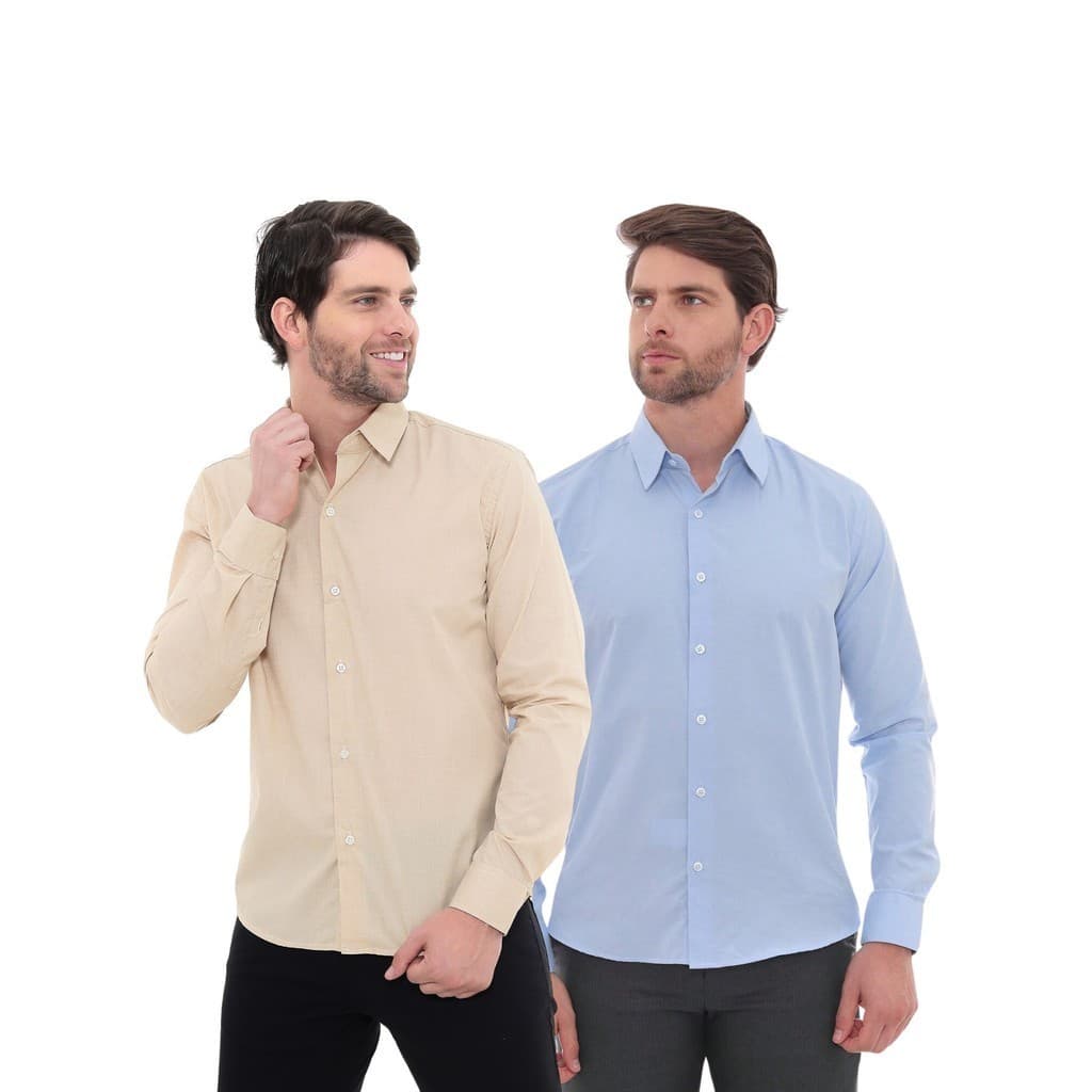 KIT Masculino 2 Peças - Camisa Social Premium Tipo Linho Bege e Camisa Social Slim Azul Bebê