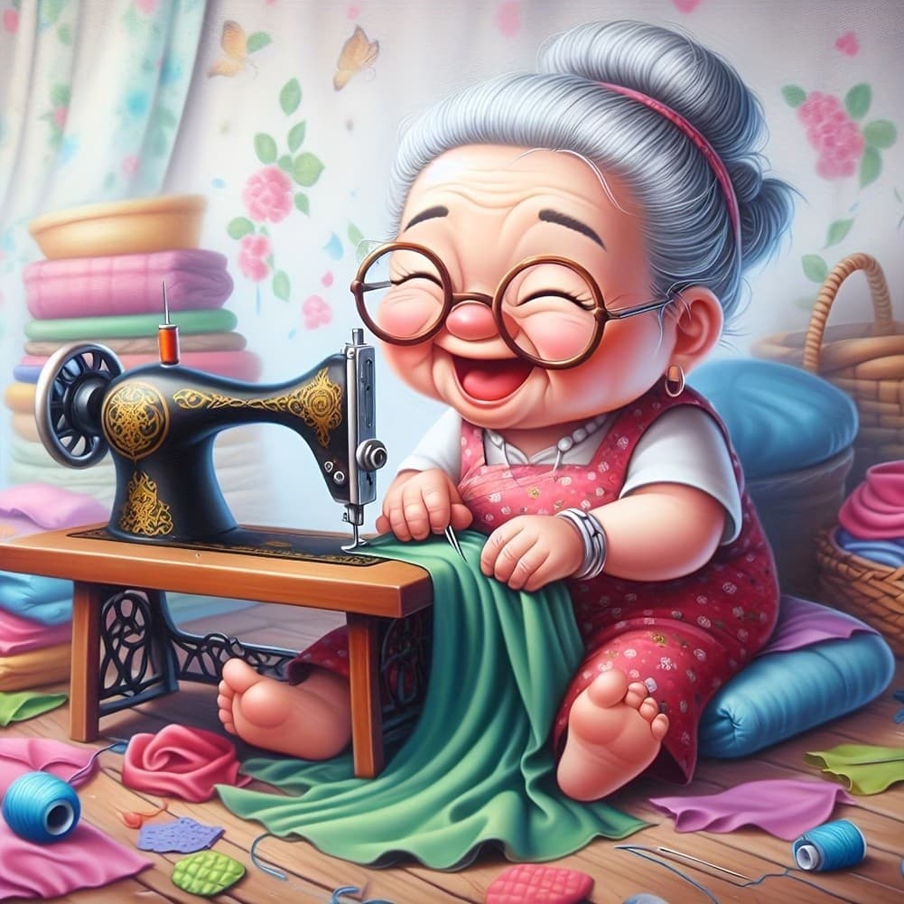 DIY 5D Kit De Pintura Com Diamante " Vovó De Costura "-Bordado Acrílico Redondo Artesanato Em Ponto Cruz Para Decoração De Parede , Máquina Vintage Sem Moldura Tema Art Gift Set