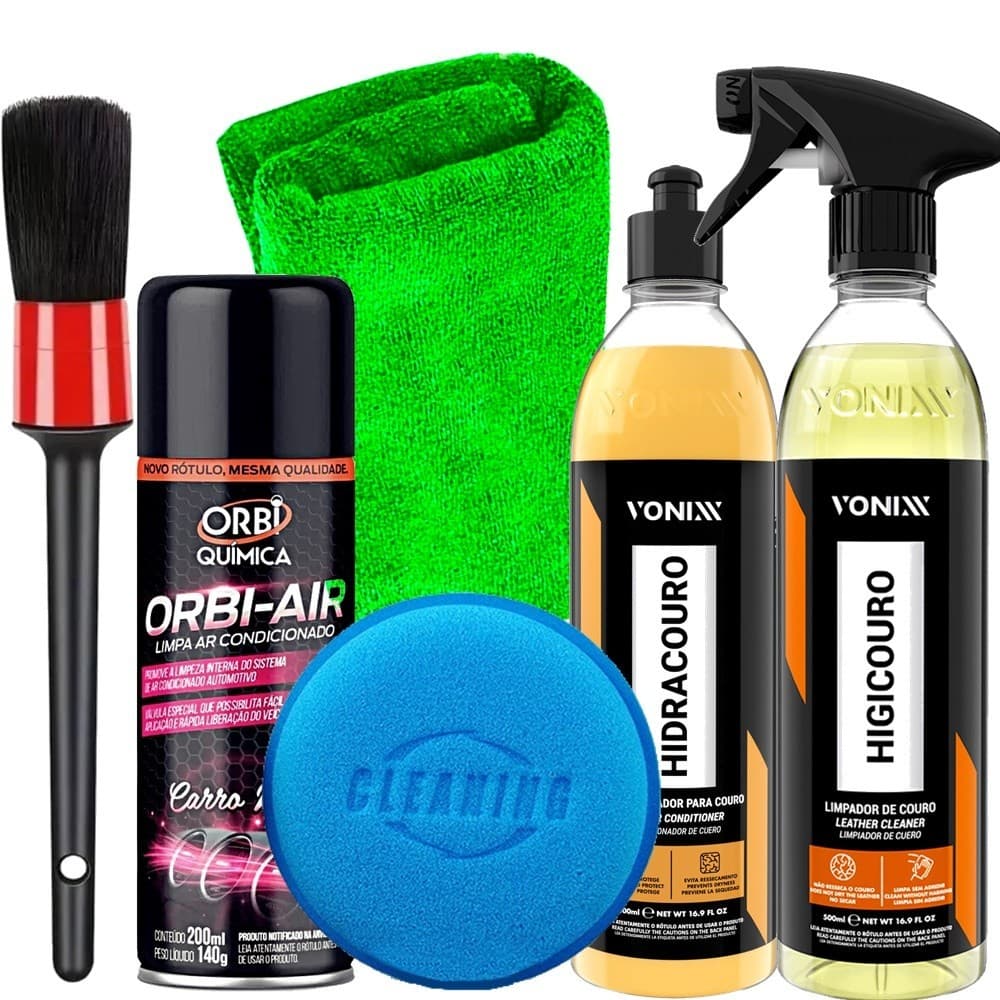 Kit Limpeza de Couro Vonixx Hidracouro Higicouro e Limpa Ar Condicionado Carro Novo Orbi Pincel Toalha e Aplicador