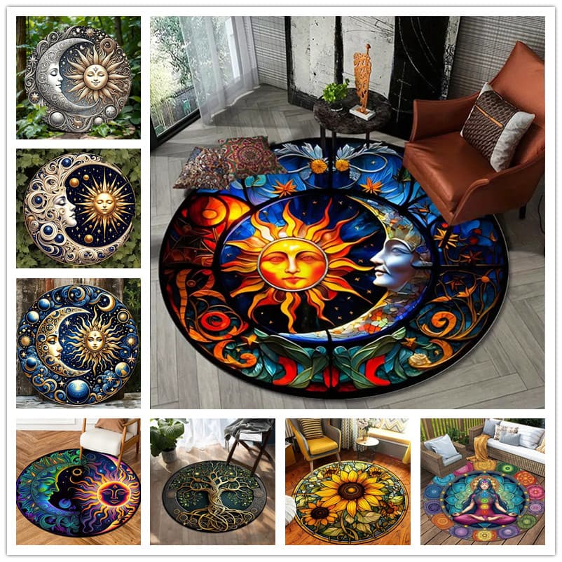 Árvore Da Vida/Deus Do Sol Tapete Redondo Vintage Círculo Para Sala De Estar Decoração Quarto Antiderrapante Casa Capach