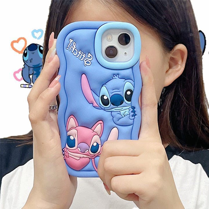 Capinha 3d de silicone do stitch adequada para iphone 11/12/13/14/15 Pro max proteção de lente com tudo incluído anti-queda e capa anti-choque à prova de choque   capinha