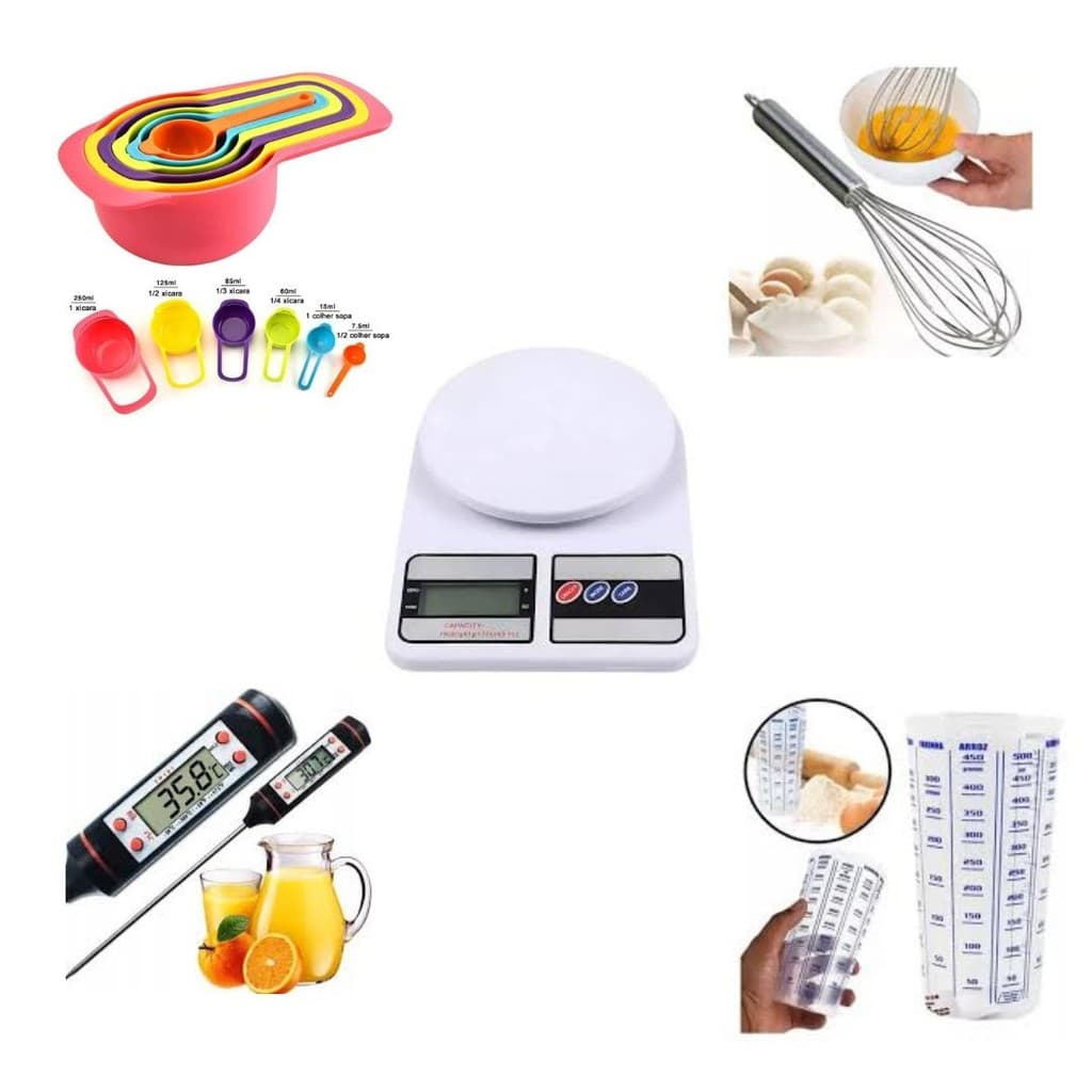 Kit Culinário (5 Itens) Balança Digital Fouet Colher Medida Copo Graduado Termômetro Digital-MP
