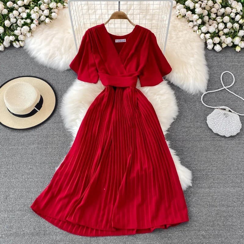 Vestido Elegante De Verão De Manga Curta Em V Com Pescoço Vestidos Vintage Ladies A Line High Waist Midi