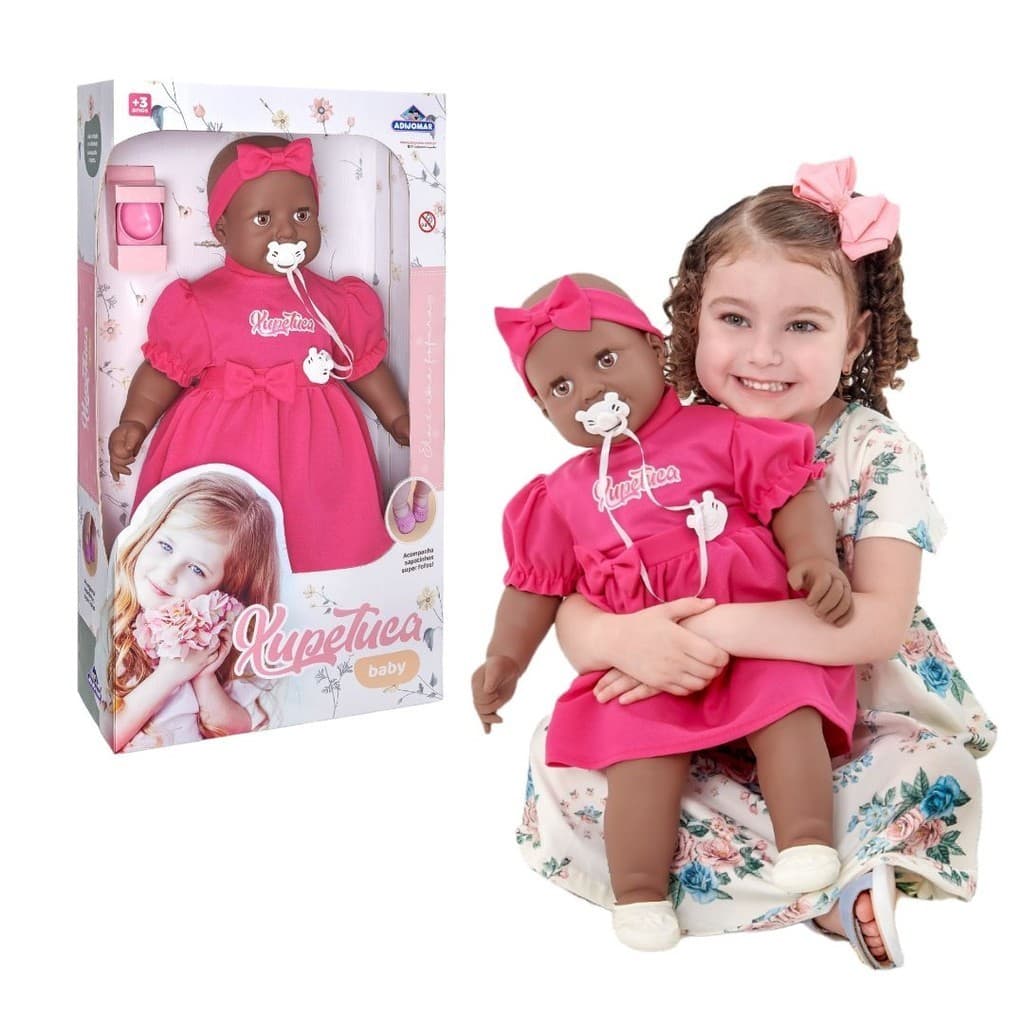 Brinquedo Boneca Bebê Xupetuca Negra com Olho Móvel Chupeta e Sapatinhos 65cm Menina - Adijomar