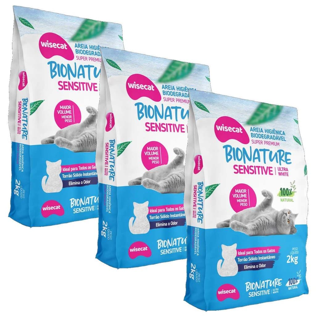 Kit 3 Areia Sanitária Para Gatos Wisecat Bionature Sensitive 2kg