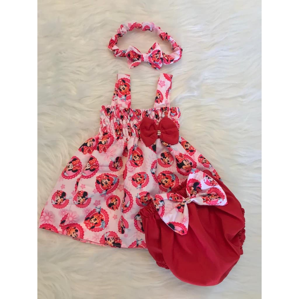 Kit Batinha, calcinha tapa fralda + tiara temático Minnie mesversário infantil menina