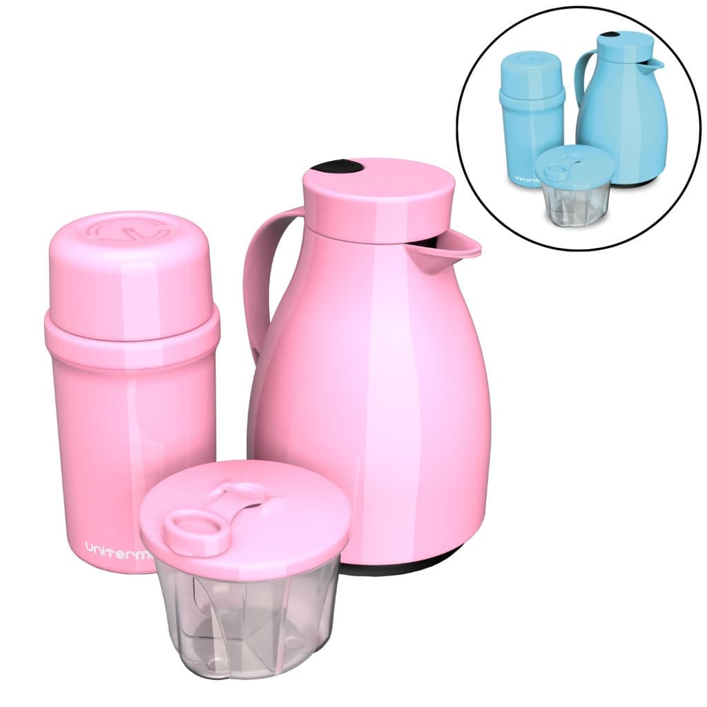 Kit Passeio Bebê Infantil Unibaby Unitermi Garrafa Térmica Pote Dosador Leite em Pó Mamadeira