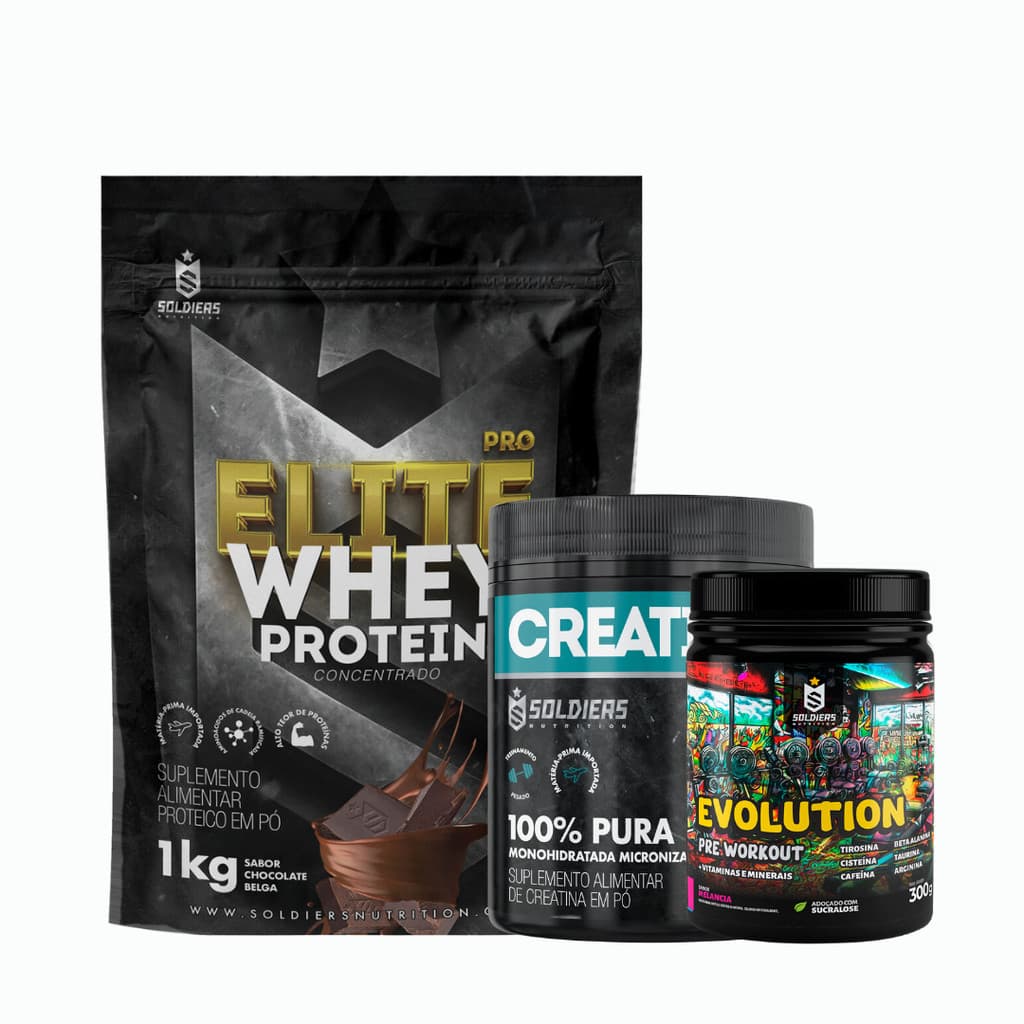 Kit: Whey Protein Concentrado Elite Pro 1kg + Creatina 300g + Pré Treino Evolution Pré Workout 300g Soldiers Nutrition