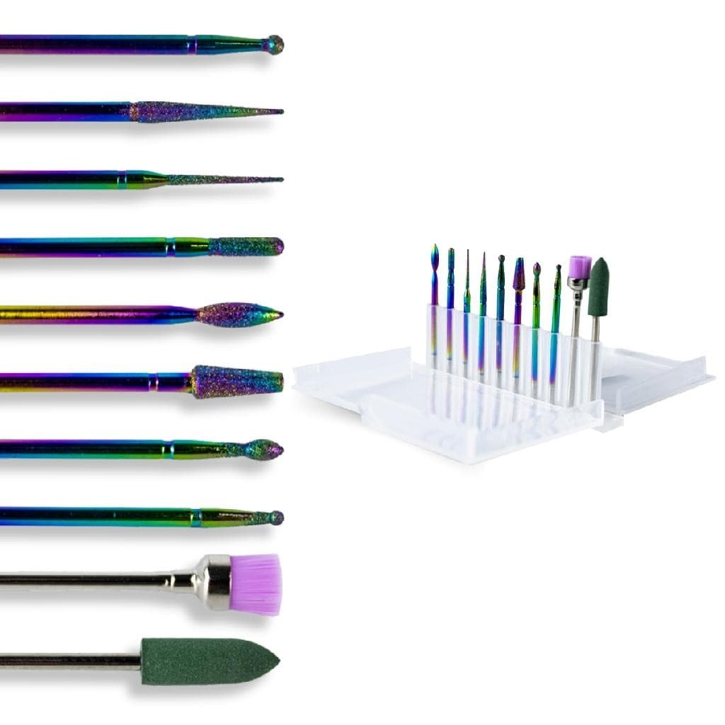 Kit 10 Brocas Diamantada Escovinha Polidora + Caixa Suporte Broca Unhas Gel Alongamento Manicure
