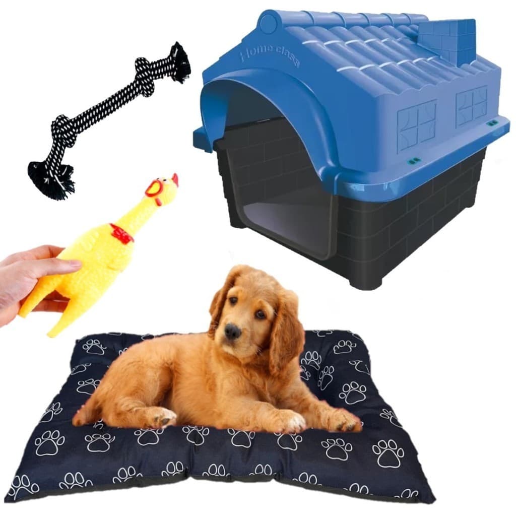 Casa Casinha N4 Azul + Brinquedos Pet + Colchonete Preta Pet