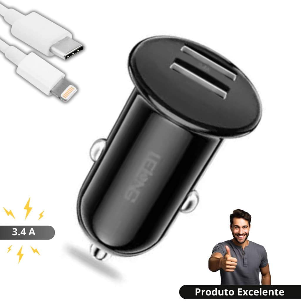 Carregador para Carro USB 3.4A Carregador Veicular Turbo