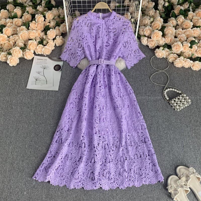 Moda Feminina Vintage Elegante Renda Oca Vestido De Verão Lapela Manga Curta Alta Cintura Slim Ruffle Edge Vestidos De Festa De Férias