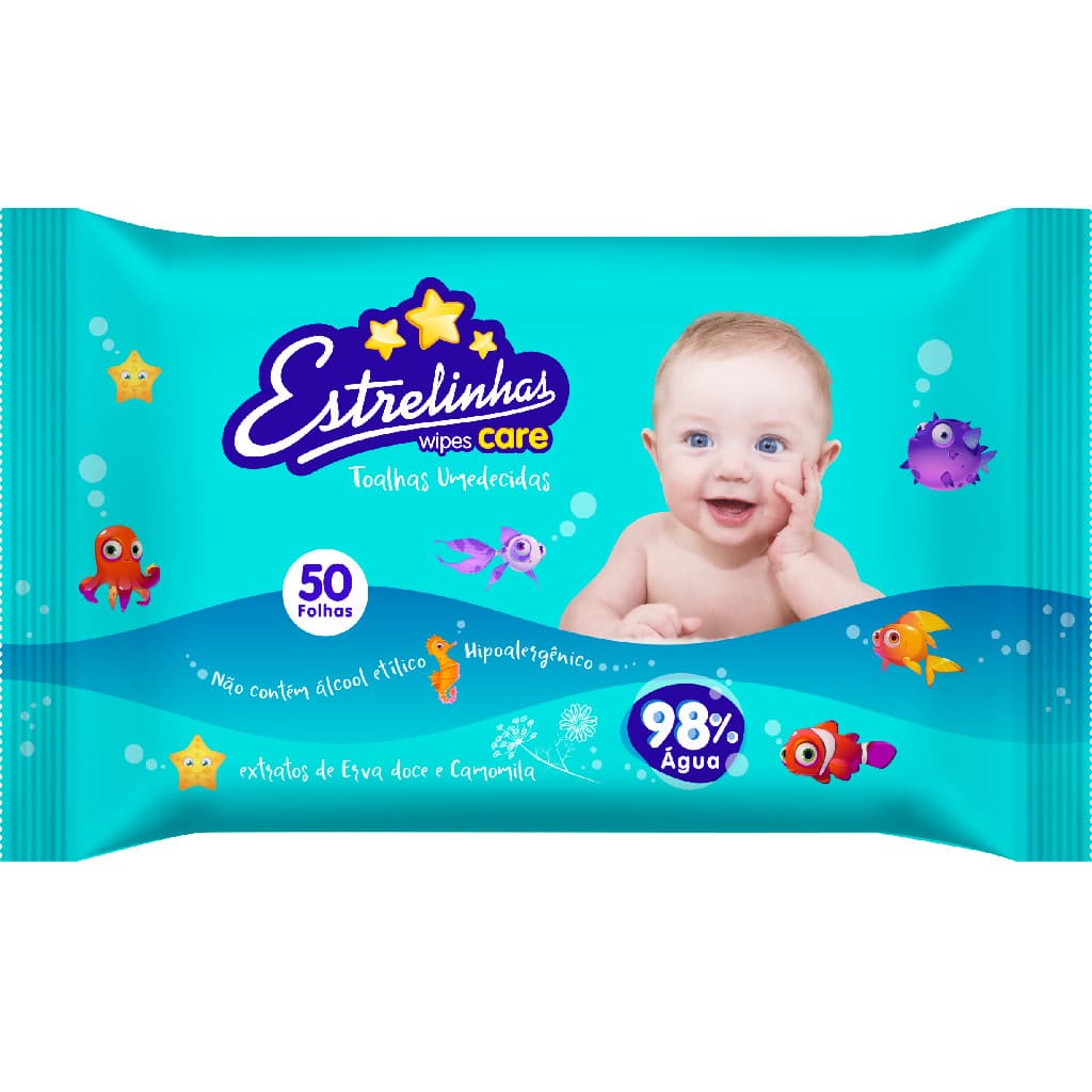 Toalha Umedecida Infantil Estrelinhas Wipes Care 20cm x 15cm C/50 Unidades