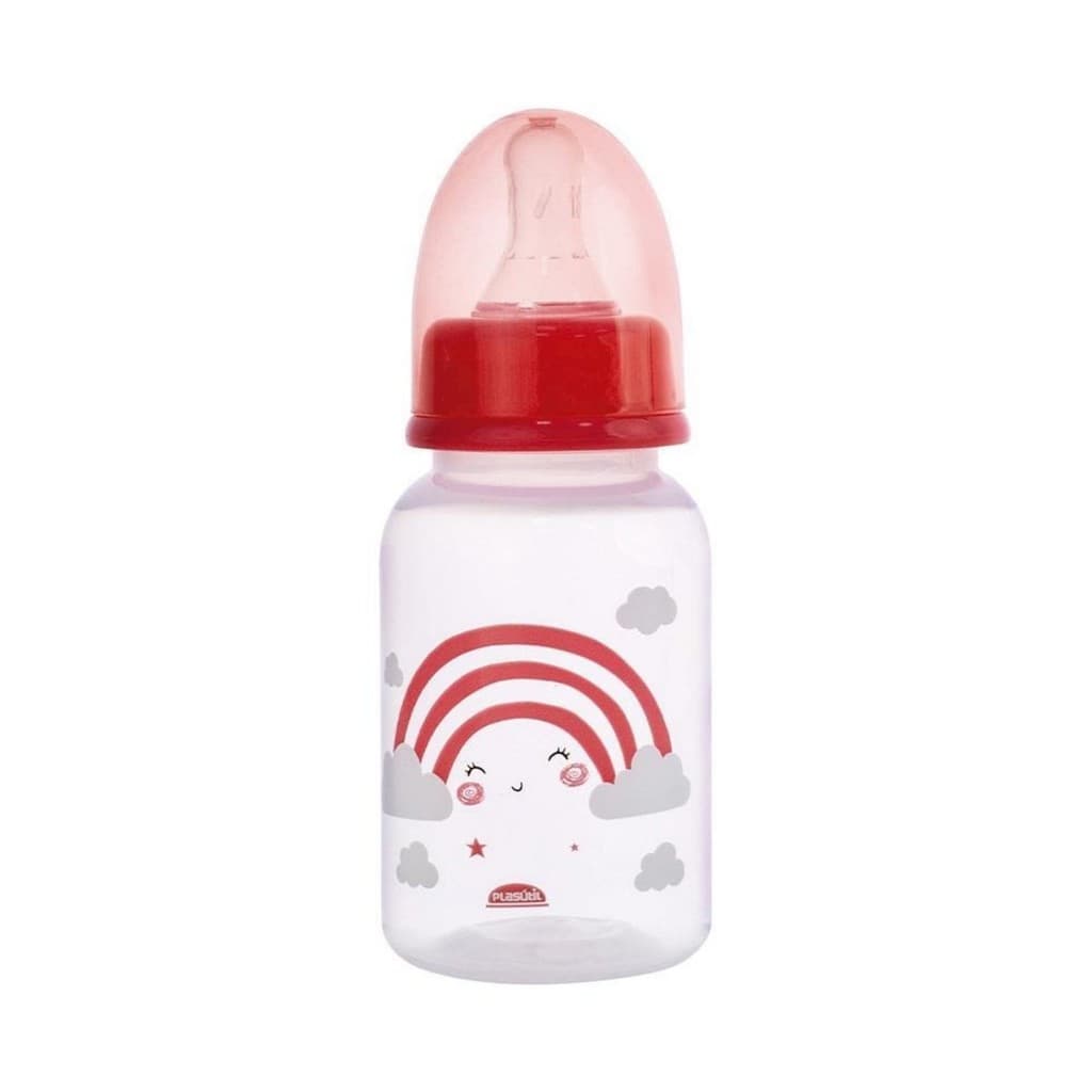 Mamadeira 150ml Rosa Com Sistema Anticólica Arco Íris Bico Silicone Anatômico Bebê Criança Plasútil