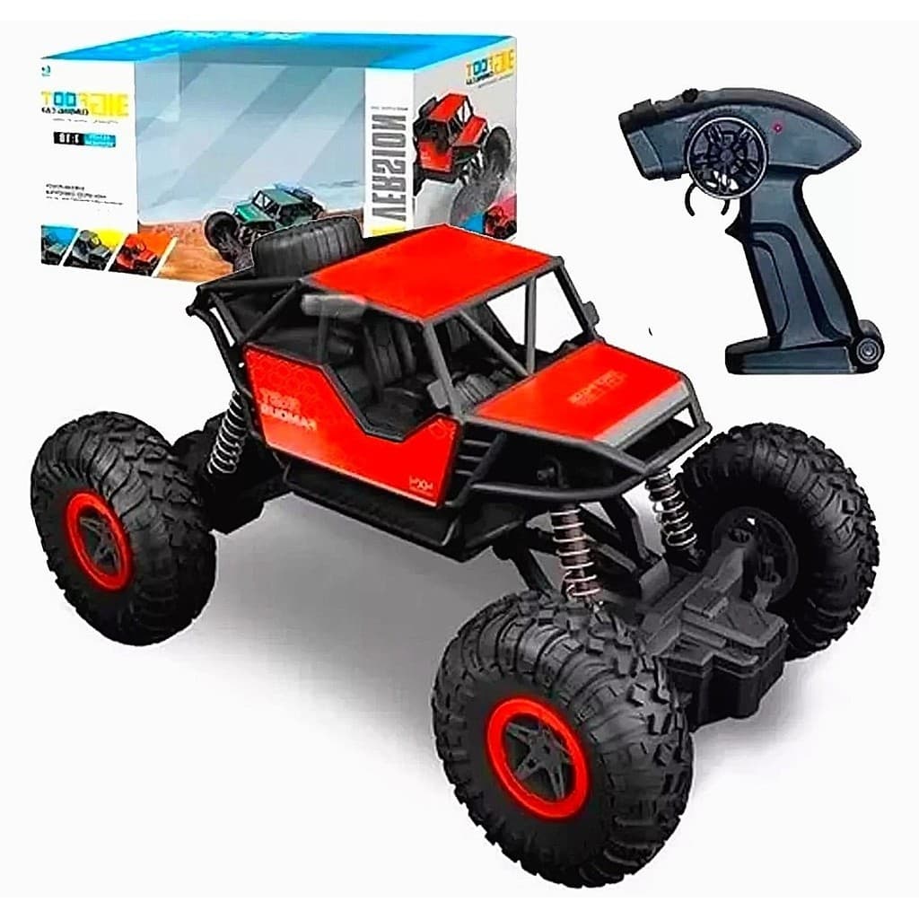 Carrinho de Brinquedo Com Controle Remoto Big Foot Suspensão Off-Road Recarregável Vermelho Metálico