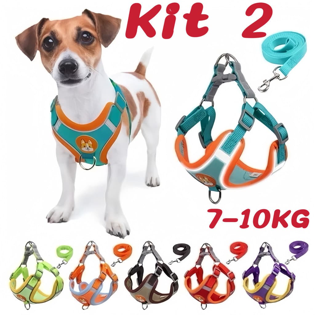 Kit 2 Adequado para animais de estimação de pequeno e médio porte Conjunto de arnês, guia + coleira de colete