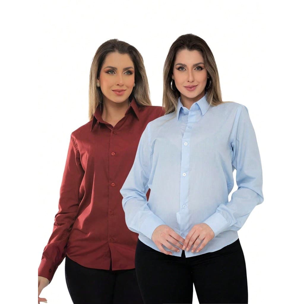 KIT Feminino 2 Peças - Camisa Social Manga Longa Slim Lisa Azul Bebê e Camisa Social Manga Longa Slim Lisa Bordô