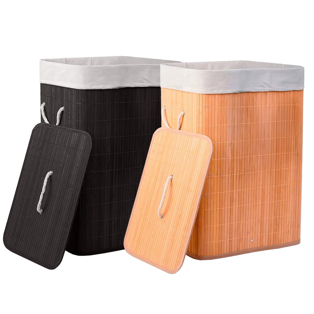 Cesto De Roupas Bambu Dobravel Retangular Banheiro Lavanderia Organizador Forrado 60L