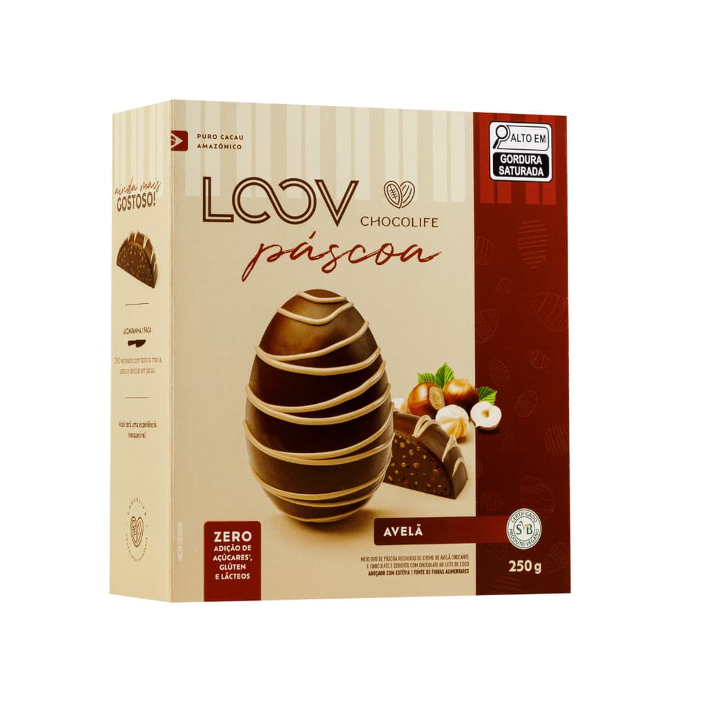 Meio Ovo de Páscoa recheado Chocolate com Avelã 250g Chocolife Saudável Vegano 0 Açúcar Glúten Lácteos Gordura Trans