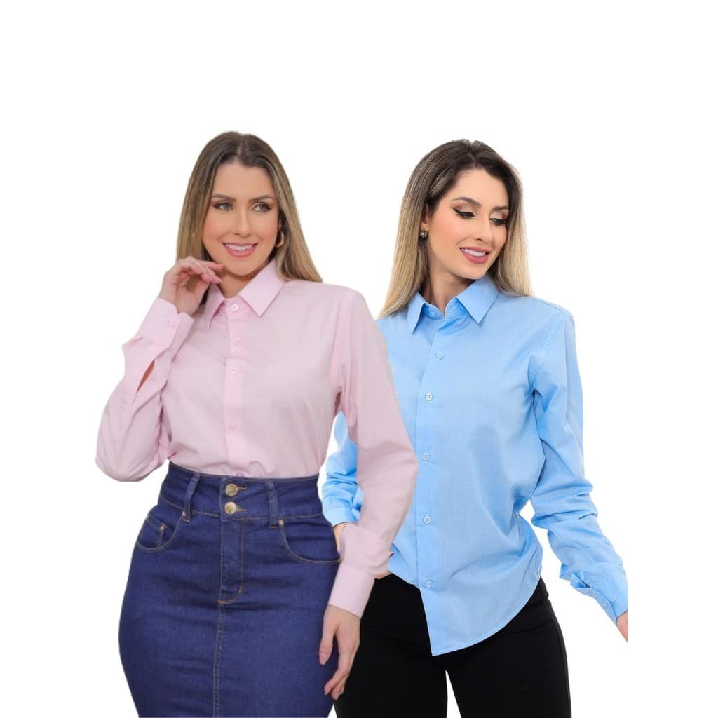 KIT Feminino 2 Peças - Camisa Social Premium Tipo Linho Azul Claro e  Camisa Social Slim Rosa