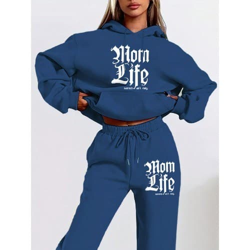 Conjunto de Moletom com Capuz e Calça de Moletom flanelada  feminino com Estampa de Slogan  Outono/Inverno lançamento