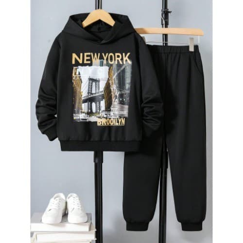 Conjunto Moletom com Capuz e Calça Moletom Impressão Clássica de Cidade Cenário , Conjunto Casual classic Versátil Preto