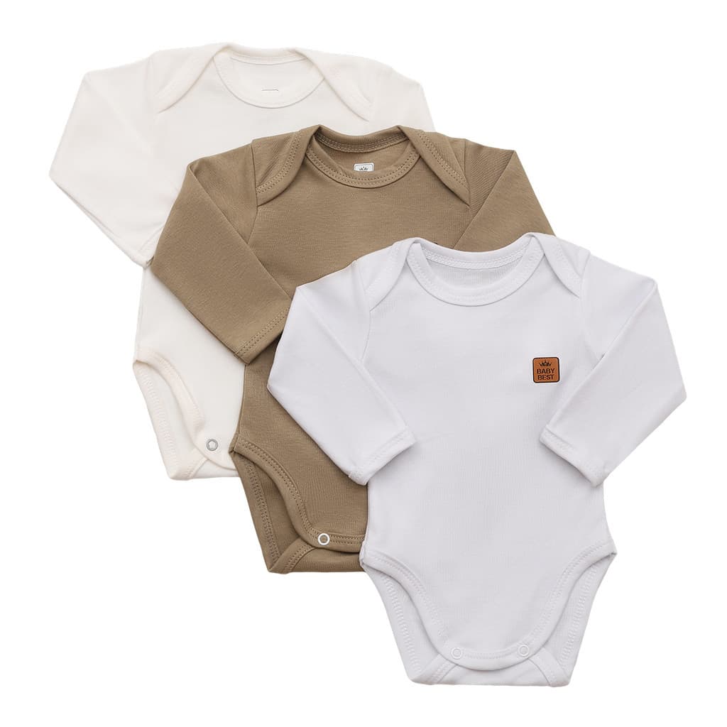 Kit Com 3 Bodies Manga Longa Bebê Unissex 100% Algodão Pima Branco/Off White/Bege Body Bodies Bebê Bebe Infantil Enxoval Presente Premium Barato Chá de Bebê