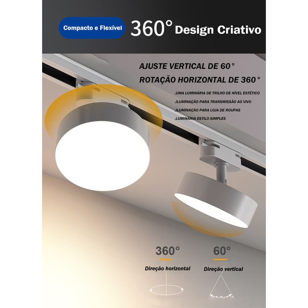 Luminária Downlight para Trilho 20W Preto Branco LED Embutido Bivolt