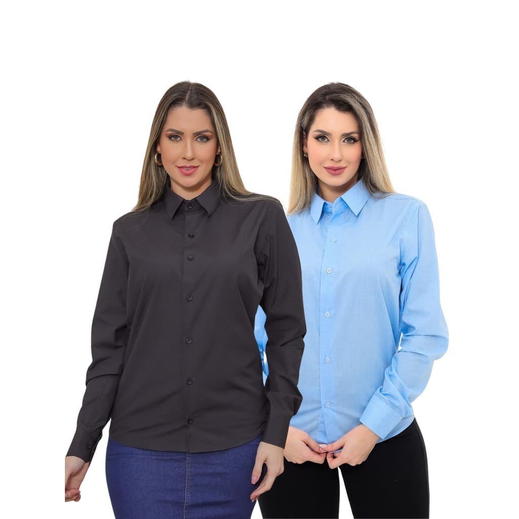 KIT Feminino 2 Peças - Camisa Social Premium Tipo Linho Azul Claro e  Camisa Social Slim Preta