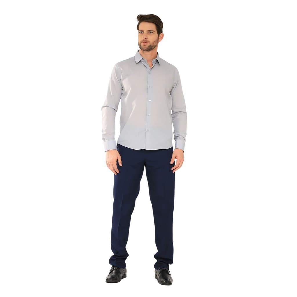 KIT Masculino 2 peças- Camisa Social Slim Cinza e Calça Social Azul Marinho