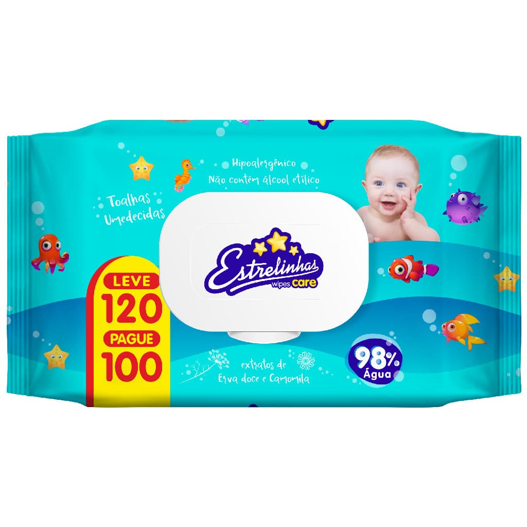 Toalha Umedecida Infantil Estrelinhas Wipes Care 20cm x 15cm L120p100 Unidades