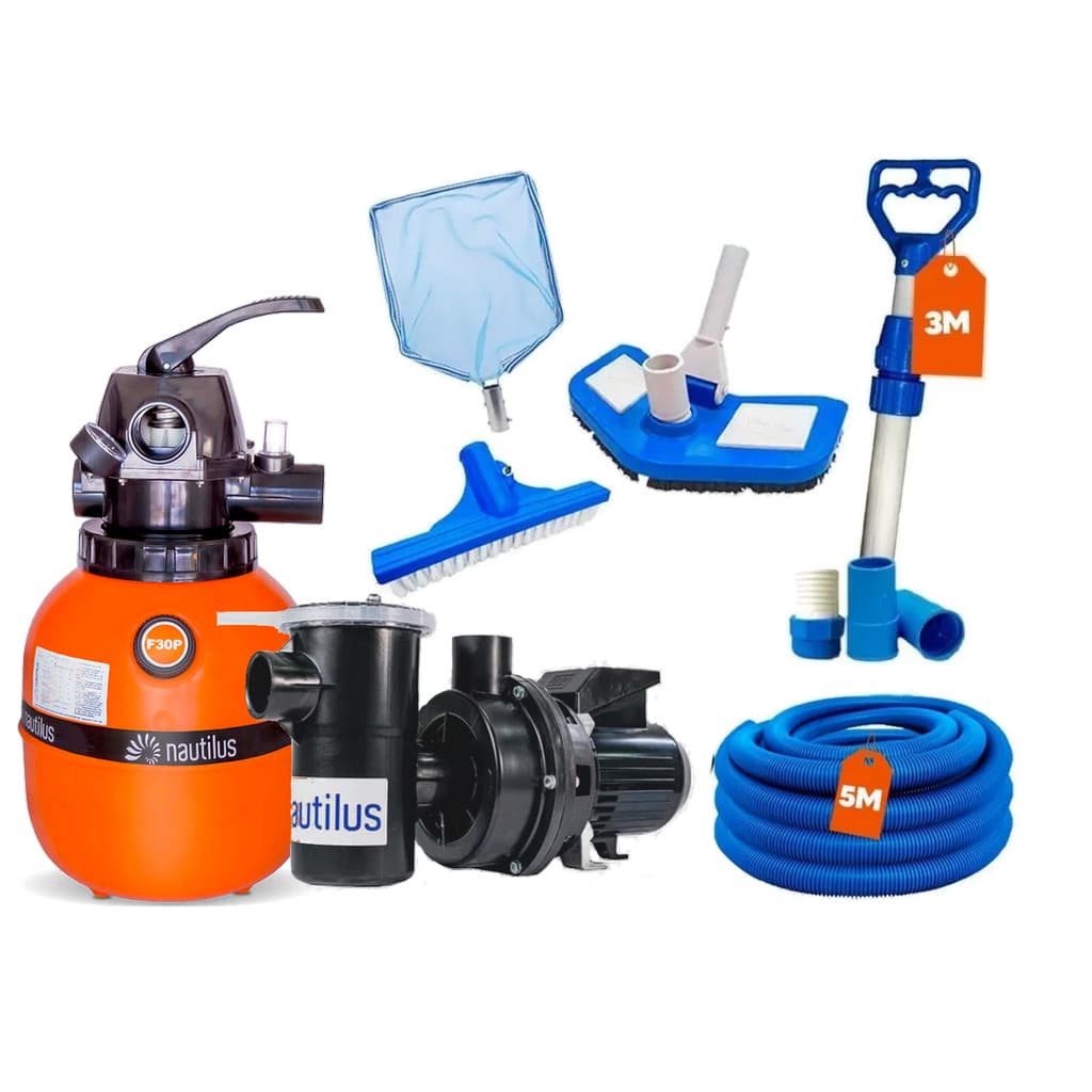 Filtro Piscina F300 Até 21Mil L E Bomba 1/3cv NAUTILUS + Kit Limpeza Completo 5 Itens