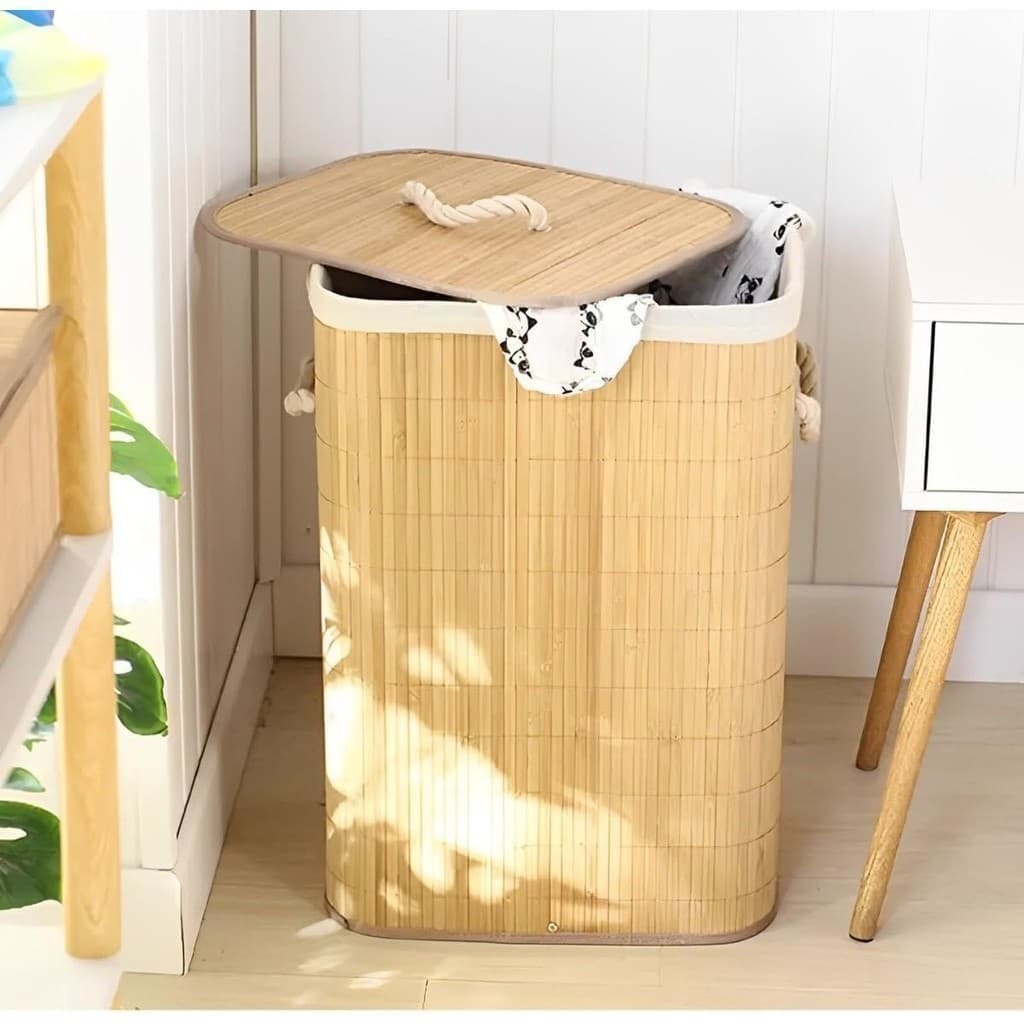 Cesto De Roupa Suja Bambu Dobravel Organizador Com 72L Forrado Banheiro 60cm Grande Cesto Retangular Top