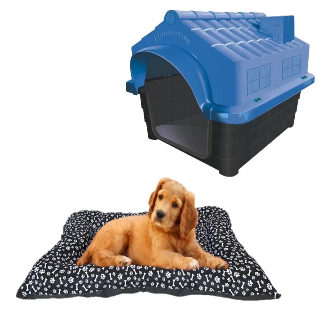 Cama Quadrada Acolchoada Pet + Casinha N4 Dog Pet Shop Azul