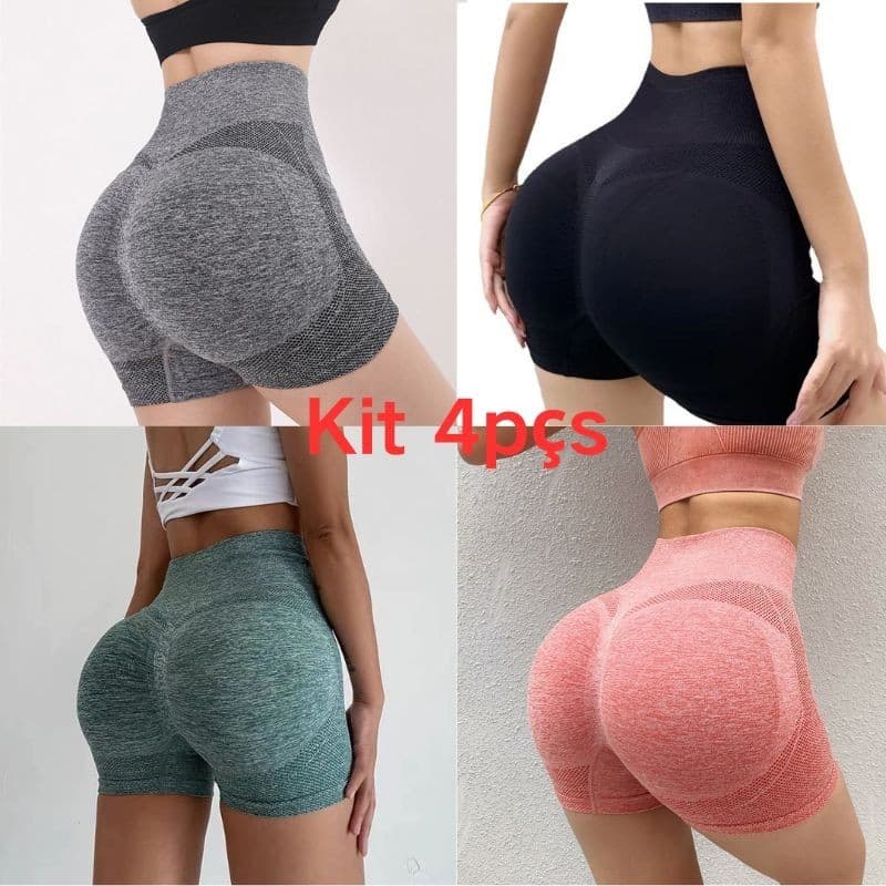 Kit 3/4pçs Shorts Fitness Feminino Cintura Alta Academia Levanta Bumbum Sem Costura