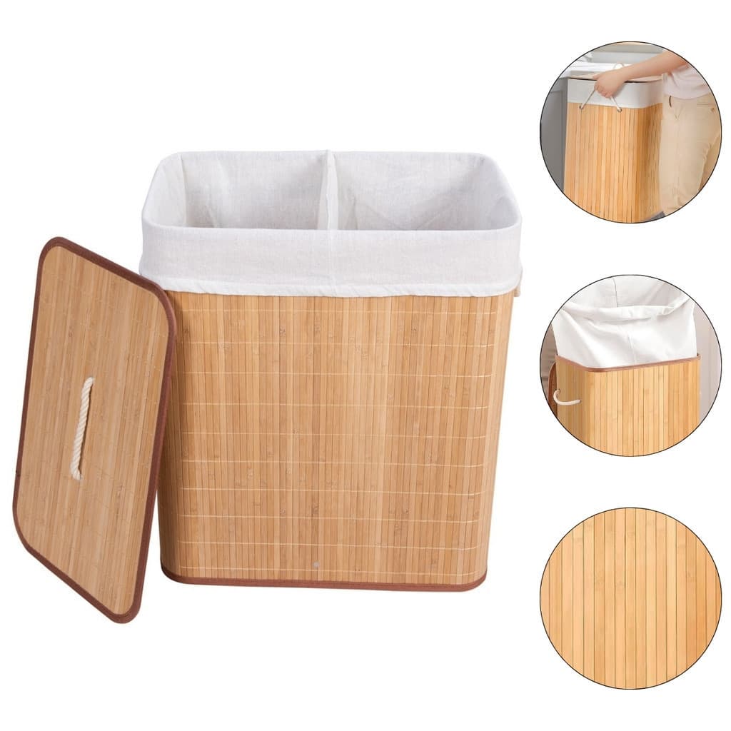 Cesto de Roupas Sujas Bambu Duplo com Tampa Dobrável Organizador Objetos Banheiro Lavanderia Quarto Grande