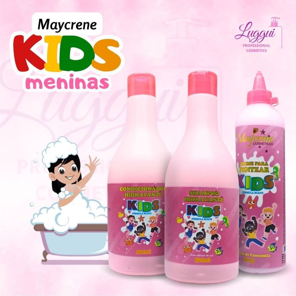 Kit Hidratante KIDS Rosa Meninas - Shampoo, Condicionador e Creme de Pentear Maycrene para Crianças