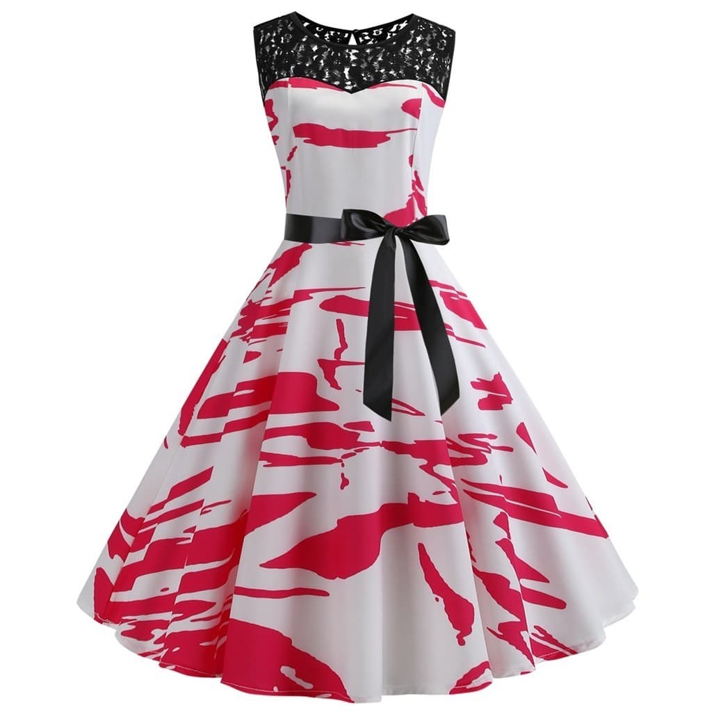 Renda costura em torno do pescoço vestido feminino sem mangas impresso Retro rendas grande balanço vestido C004