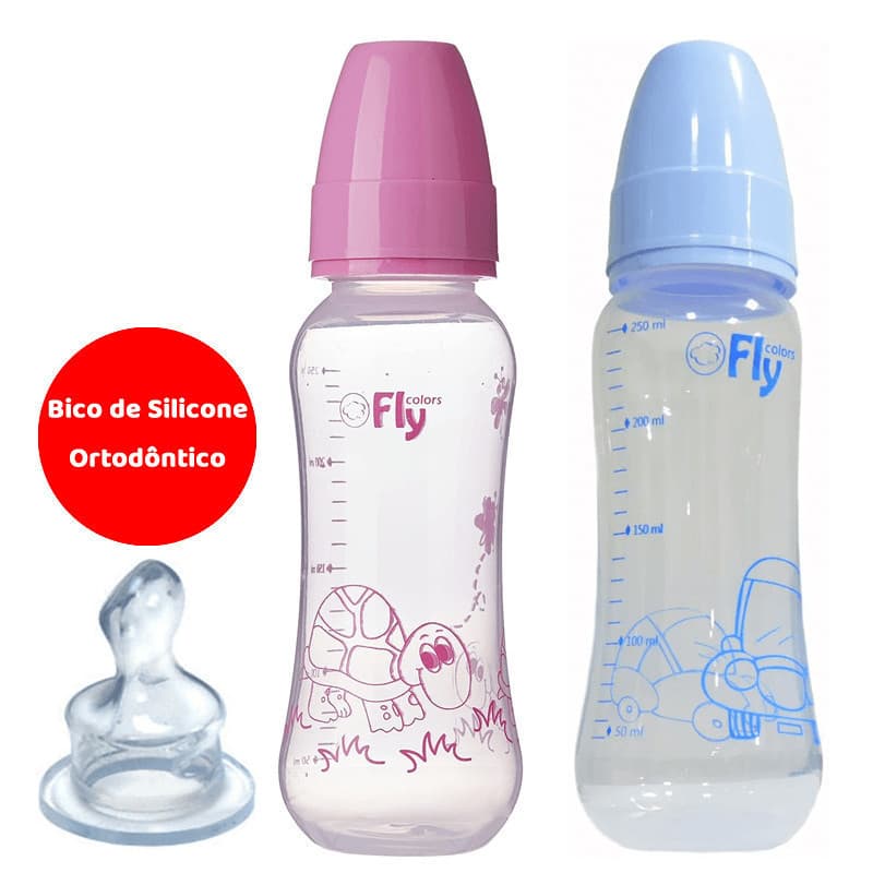 Mamadeira Fly Colors 250ml Bico Silicone Ortodôntico - Livre de BPA