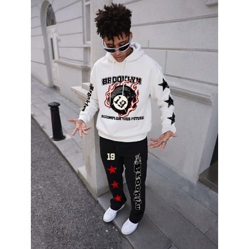 conjunto de Moletom com Capuz e Calça de Moletom com Impressão de Fogo, Outono/inverno,Masculino moda urbana exclusiva
