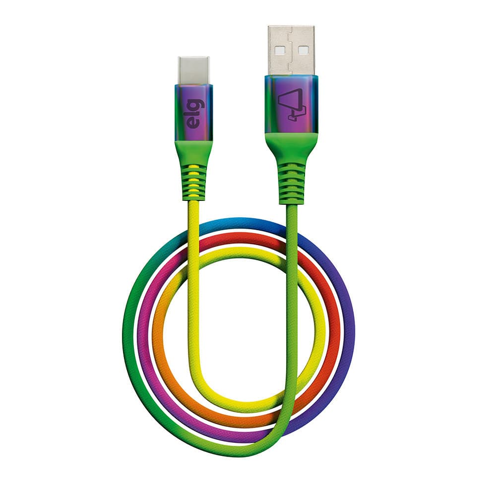 Cabo USB Tipo-C, Carga Rápida 15W 3A, Nylon Trançado, Ultra Flexível, 1 metro, Rainbow, TC10RB, ELG