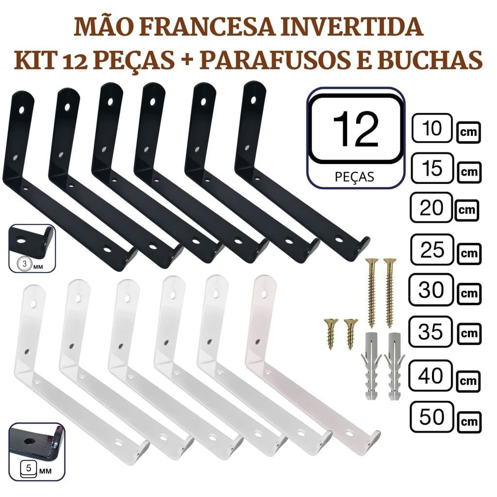 Mão Francesa Invertida 12 Pçs Suporte Prateleira Industrial Cantoneira Invisível Parede Preta Branca
