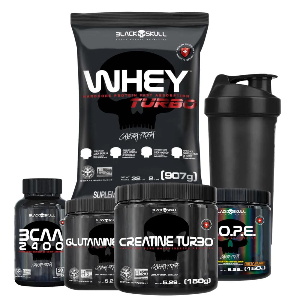 Kit Black Skull Whey Turbo 907g + Creatina Turbo 300g + Pré-Treino B.O.P.E 150g + Glutamina 150g + BCAA 2400+Coquetelera