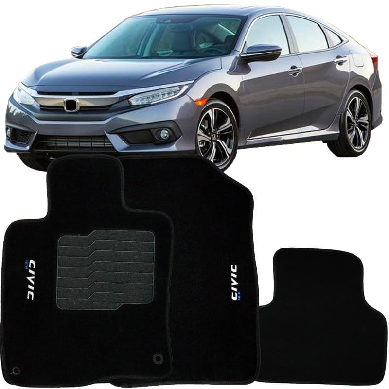 Tapete Carpete Civic 2017 à 2021 Preto Logo Bordado Jogo 3 Peças Personalizado Automotivo